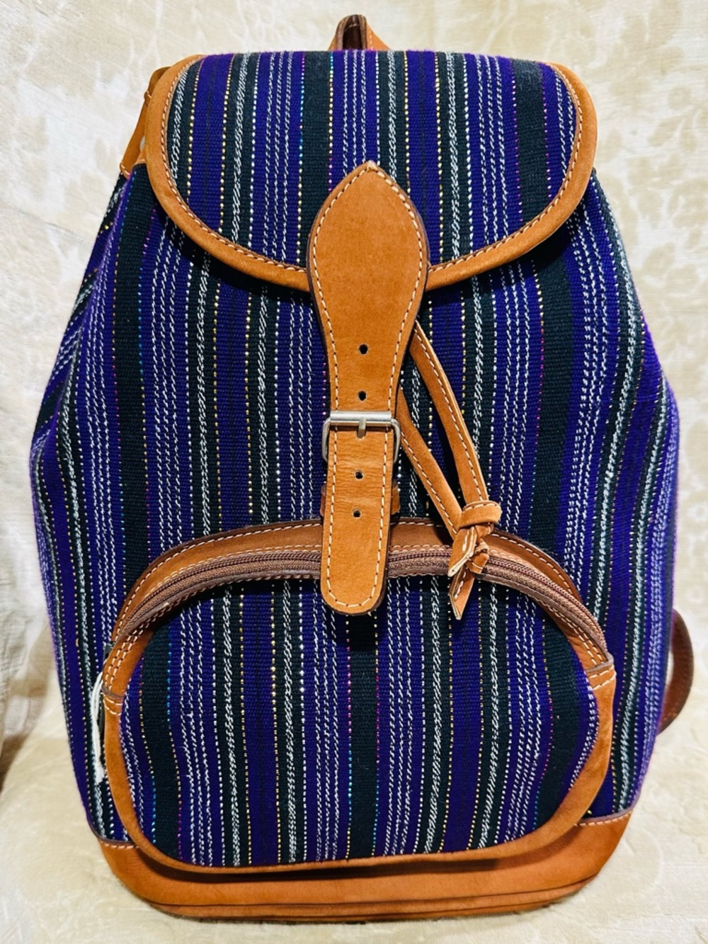 Handwoven Guatemalan Backpack with Genuine Leather Trim
